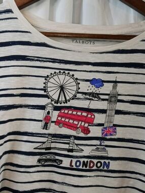Talbots White Navy Striped Shirt London British Medium Big Ben Office Casual